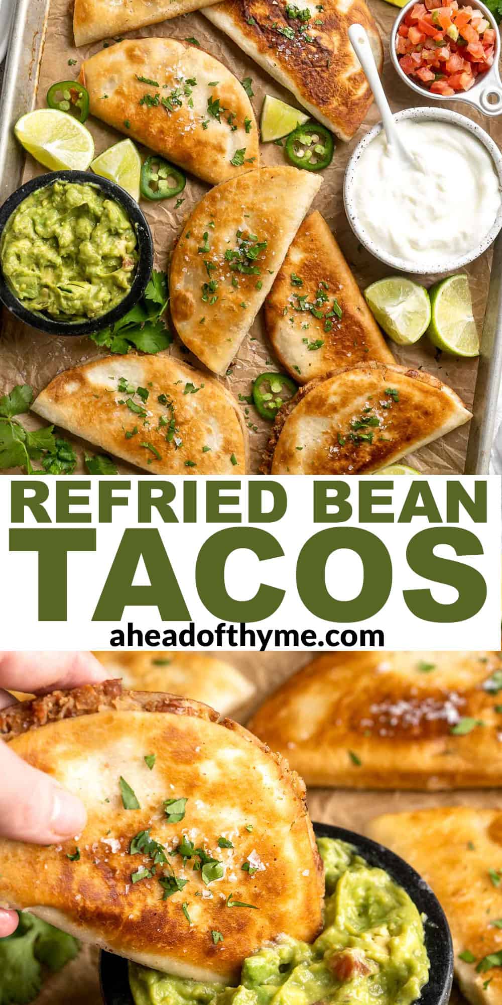 Crispy Refried Bean Tacos are made with crispy, golden-brown tortillas, perfectly seasoned refried beans, and a handful of your favorite taco garnishes. | aheadofthyme.com