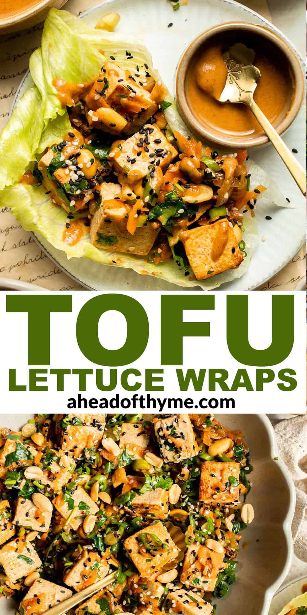 Tofu Lettuce Wraps are filled with a vegan filling of tofu, veggies, and homemade peanut sauce for the best balance of textures and flavors. | aheadofthyme.com