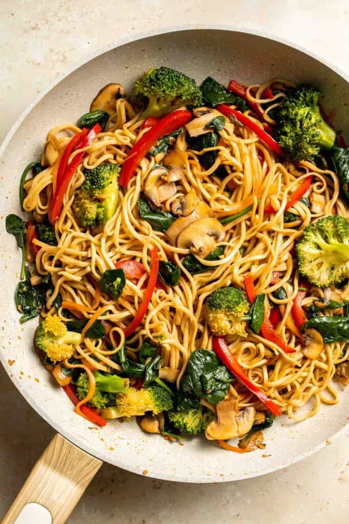 Say goodbye to takeout and make easy Lo Mein Noodles at home, packed with fresh veggies and healthy ingredients, in less than 15 minutes! | aheadofthyme.com
