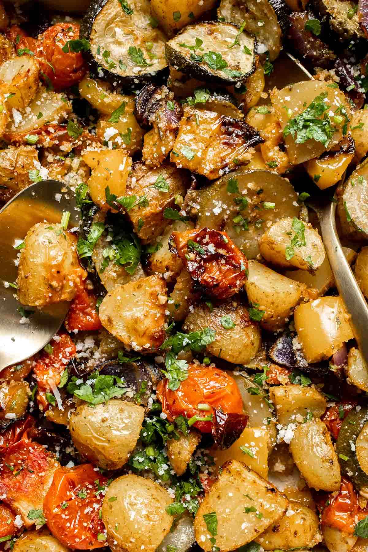 Mediterranean Roasted Vegetables are the easiest and most flavorful side dish to serve with dinner — especially with Greek and Italian meals. | aheadofthyme.com