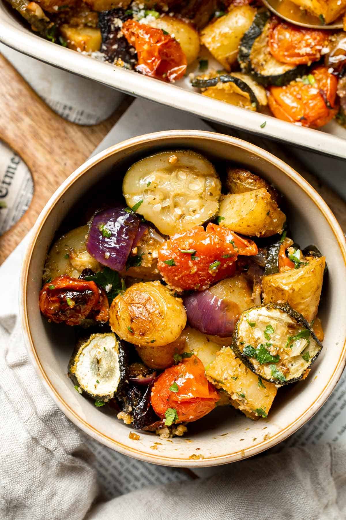 Mediterranean Roasted Vegetables are the easiest and most flavorful side dish to serve with dinner — especially with Greek and Italian meals. | aheadofthyme.com
