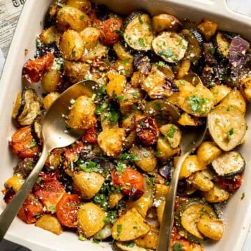 Mediterranean Roasted Vegetables are the easiest and most flavorful side dish to serve with dinner — especially with Greek and Italian meals. | aheadofthyme.com