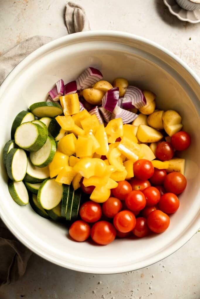 Mediterranean Roasted Vegetables are the easiest and most flavorful side dish to serve with dinner — especially with Greek and Italian meals. | aheadofthyme.com