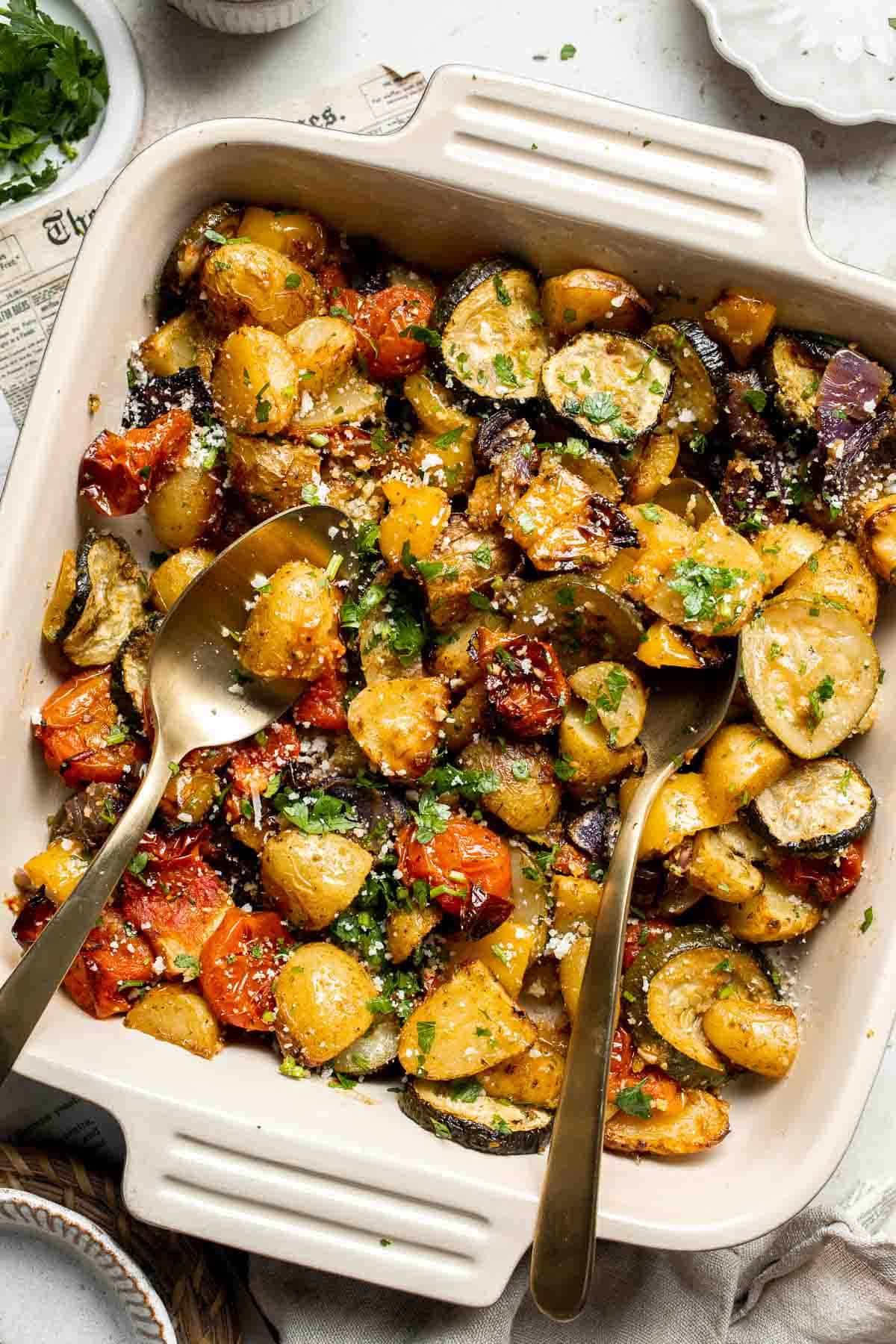 Mediterranean Roasted Vegetables are the easiest and most flavorful side dish to serve with dinner — especially with Greek and Italian meals. | aheadofthyme.com