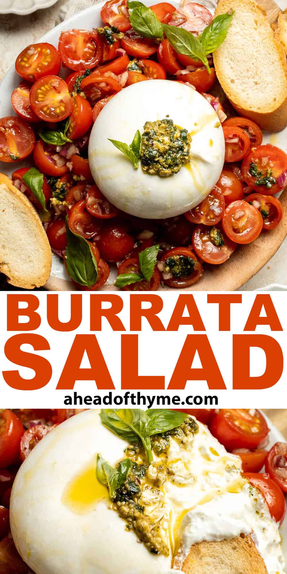 Tomato Burrata Salad is made with ultra creamy burrata over a bed of marinated tomatoes and onions and a drizzle of fresh basil pesto on top. So fresh! | aheadofthyme.com