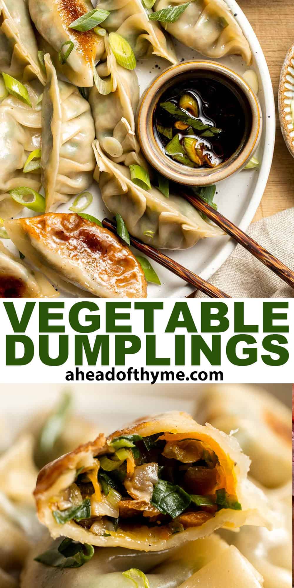 Made with a savory vegan mixture of mushrooms, cabbage, carrots, and more, these homemade Vegetable Dumplings are meaty and satisfying — without any meat! | aheadofthyme.com