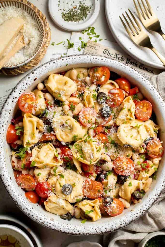 This Tortellini Salad is loaded with fresh pasta and summer veggies, tossed in a simple dressing. It's filling, satisfying, and easy to make in 15 minutes. | aheadofthyme.com