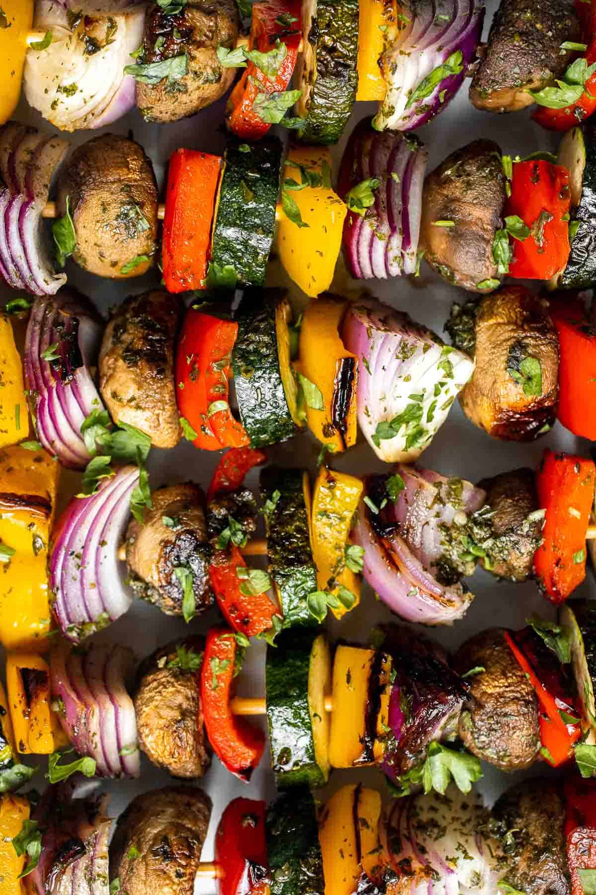 Grilled Vegetable Skewers are tender, delicious, and flavorful. They are easy to make and the best way to serve your summer vegetables! | aheadofthyme.com