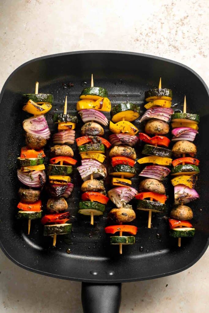 Grilled Vegetable Skewers are tender, delicious, and flavorful. They are easy to make and the best way to serve your summer vegetables! | aheadofthyme.com