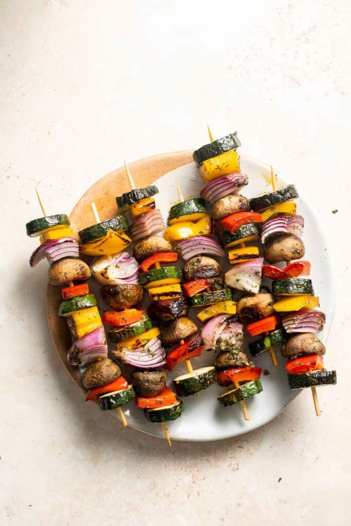 Grilled Vegetable Skewers are tender, delicious, and flavorful. They are easy to make and the best way to serve your summer vegetables! | aheadofthyme.com