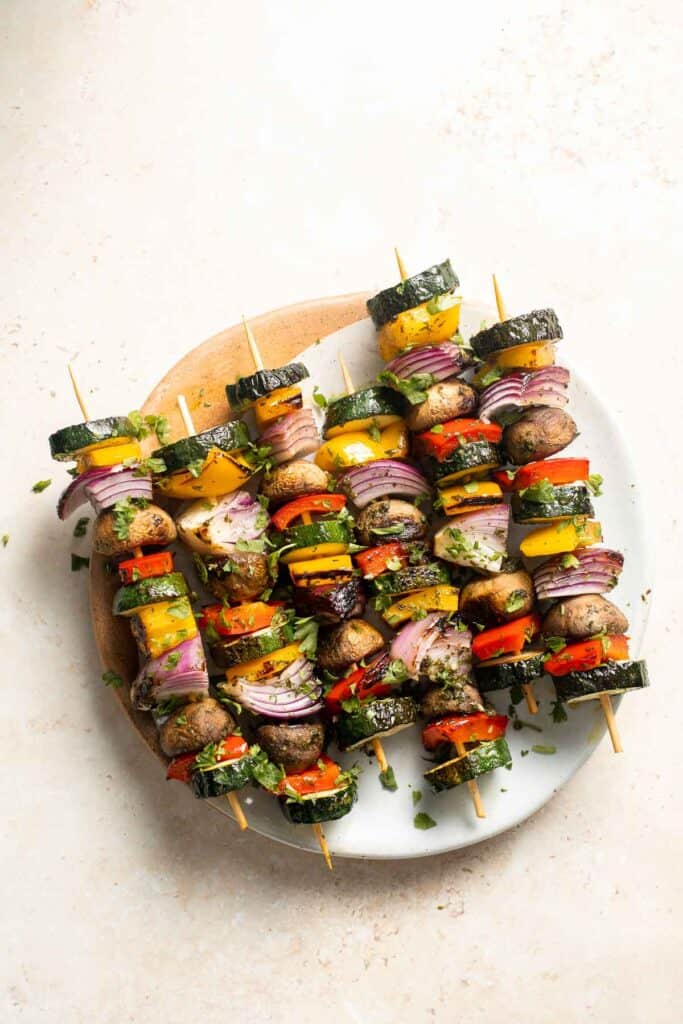 Grilled Vegetable Skewers are tender, delicious, and flavorful. They are easy to make and the best way to serve your summer vegetables! | aheadofthyme.com