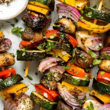 Grilled Vegetable Skewers are tender, delicious, and flavorful. They are easy to make and the best way to serve your summer vegetables! | aheadofthyme.com