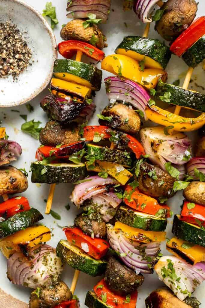 Grilled Vegetable Skewers are tender, delicious, and flavorful. They are easy to make and the best way to serve your summer vegetables! | aheadofthyme.com