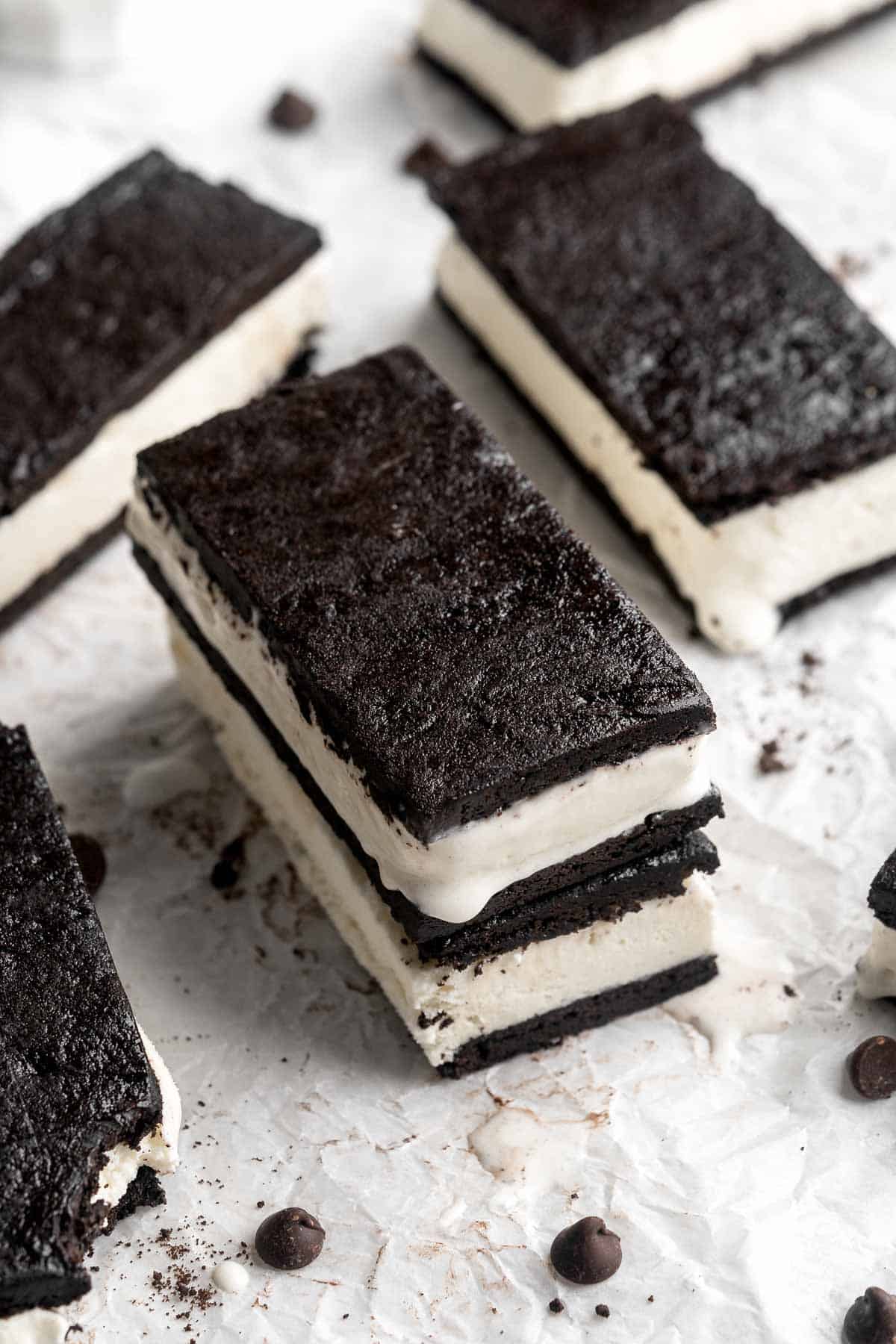 Homemade Ice Cream Sandwiches are made with creamy vanilla ice cream perfectly nestled between two tender homemade chocolate cookies. | aheadofthyme.com