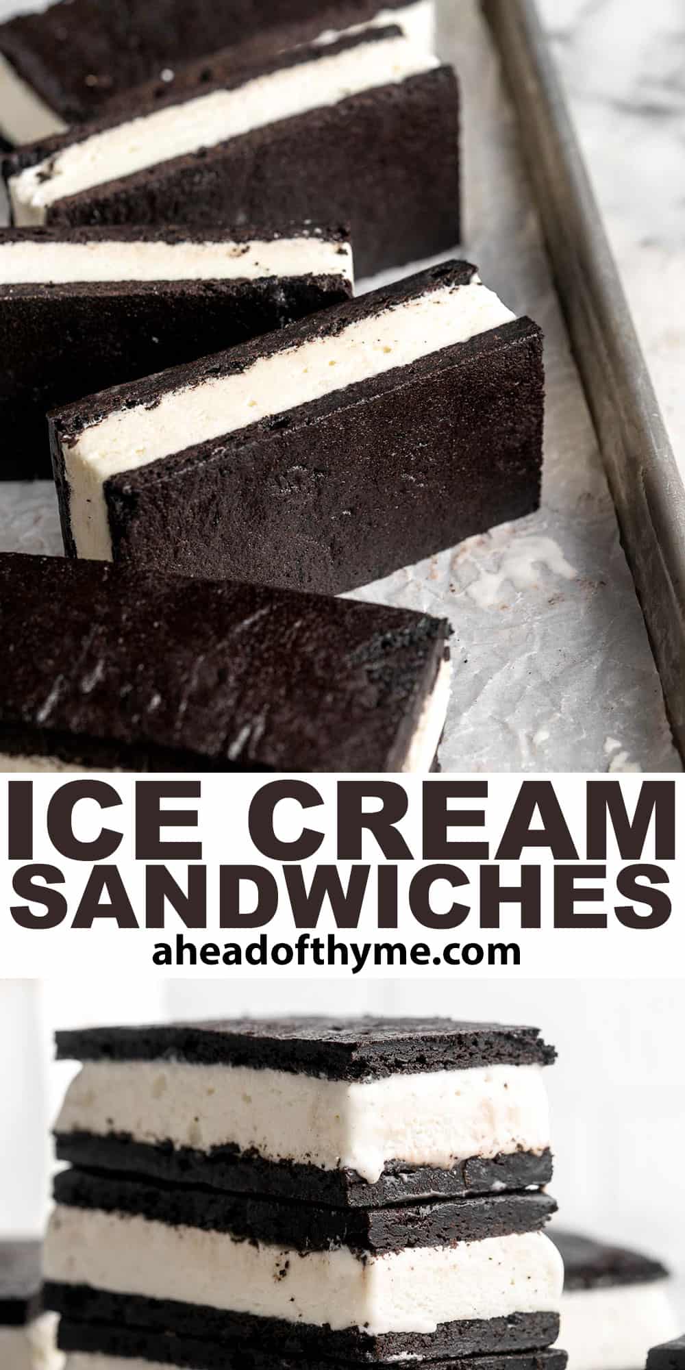 Homemade Ice Cream Sandwiches are made with creamy vanilla ice cream perfectly nestled between two tender homemade chocolate cookies. | aheadofthyme.com