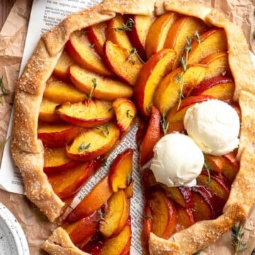 This homemade Peach Galette is a simple, rustic tart, perfect for enjoying the flavors of summer! It's buttery and flaky with tender, spiced peaches. | aheadofthyme.com