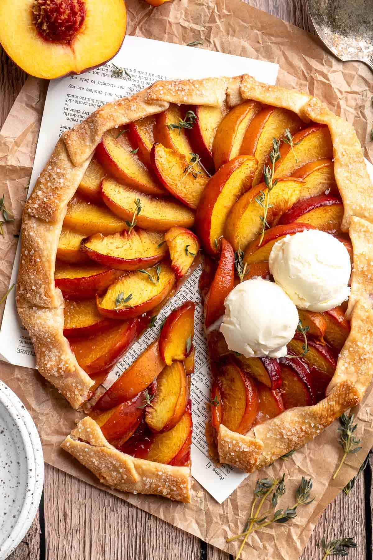 This homemade Peach Galette is a simple, rustic tart, perfect for enjoying the flavors of summer! It's buttery and flaky with tender, spiced peaches. | aheadofthyme.com