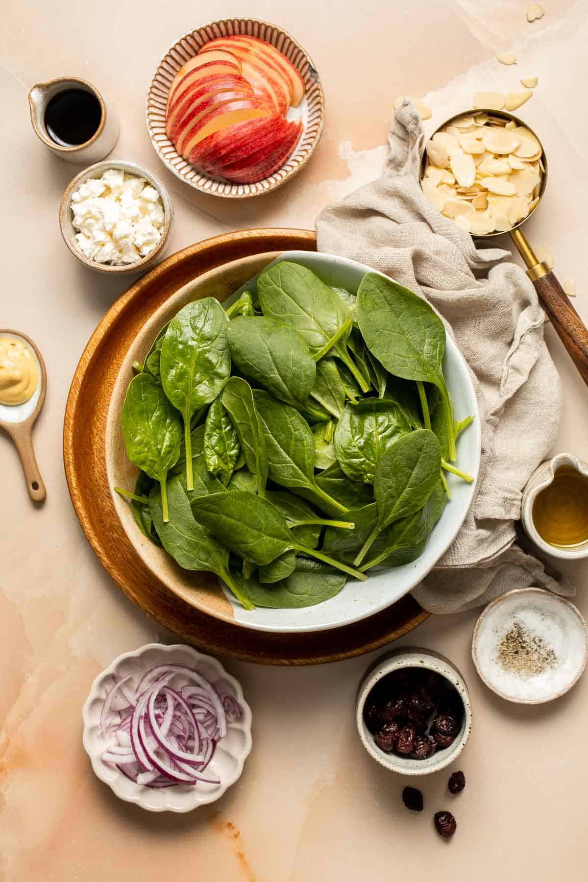 This Spinach Salad is a healthy and easy to make fall recipe with spinach, apples, cranberries, pecans, and feta tossed in homemade balsamic vinaigrette. | aheadofthyme.com