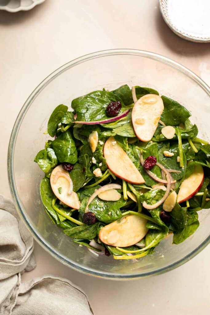 This Spinach Salad is a healthy and easy to make fall recipe with spinach, apples, cranberries, pecans, and feta tossed in homemade balsamic vinaigrette. | aheadofthyme.com