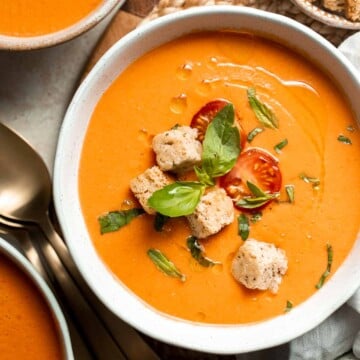 Gazpacho is a refreshing, simple, and delicious chilled soup. This super easy no cook soup is made by blending the summer's freshest veggies. | aheadofthyme.com