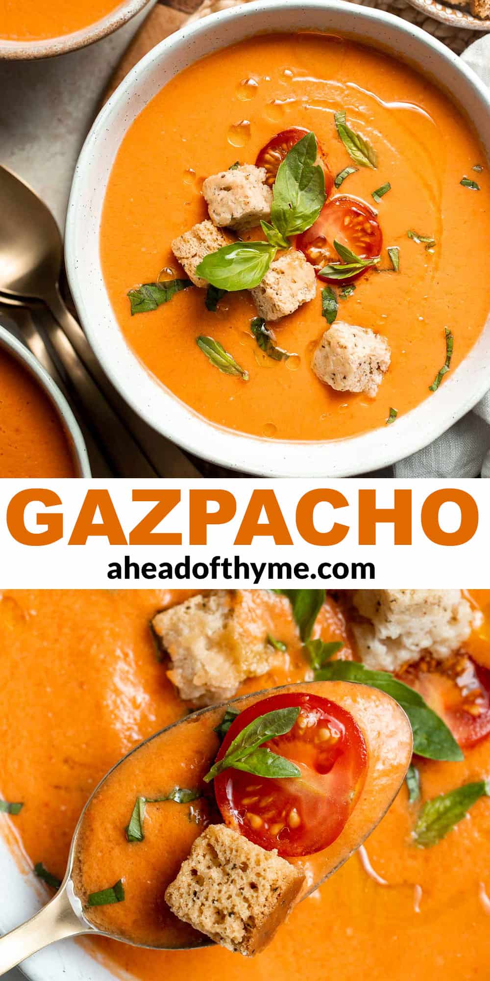 Gazpacho is a refreshing, simple, and delicious chilled soup. This super easy no cook soup is made by blending the summer's freshest veggies. | aheadofthyme.com