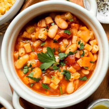 Pasta e Fagioli Soup is a classic Italian soup made with aromatic veggies, creamy white beans, and ditalini pasta, all simmered in a savory tomato broth. | aheadofthyme.com