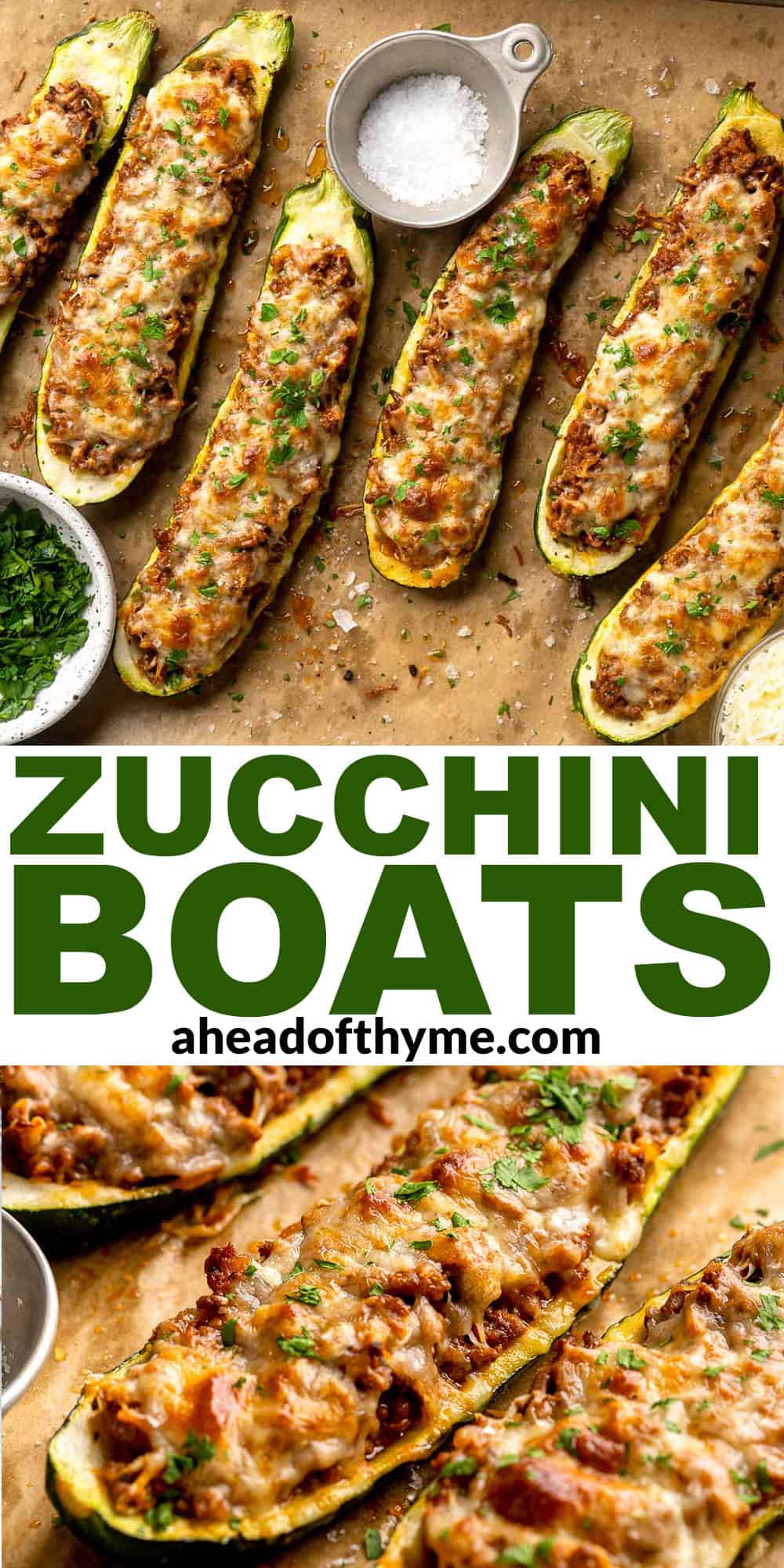 Stuffed Zucchini Boats are a fun, low carb dinner filled with a hearty meat sauce, topped with cheese, and baked until melty and bubbly. | aheadofthyme.com