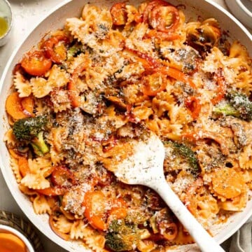This Veggie Pasta dish combines seasonal veggies with pasta in a simple tomato sauce. Ready in 30 minutes, it's fast enough for any night of the week! | aheadofthyme.com