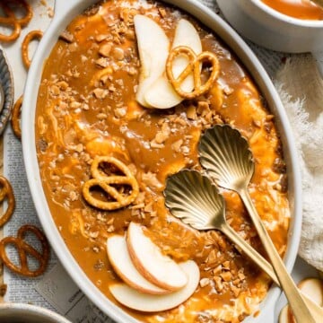This Caramel Apple Dip is a sweet and delicious fall dessert dip made in just minutes using 4 simple ingredients including cream cheese and caramel. | aheadofthyme.com