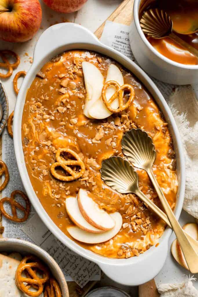 This Caramel Apple Dip is a sweet and delicious fall dessert dip made in just minutes using 4 simple ingredients including cream cheese and caramel. | aheadofthyme.com