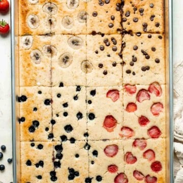 Simplify your mornings with fluffy, golden Sheet Pan Pancakes! This is the easiest way to make pancakes without all the waiting, flipping, and mess. | aheadofthyme.com
