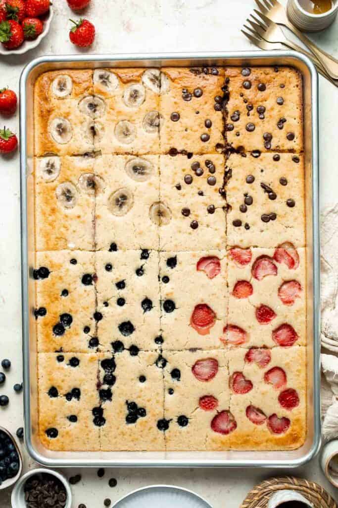 Simplify your mornings with fluffy, golden Sheet Pan Pancakes! This is the easiest way to make pancakes without all the waiting, flipping, and mess. | aheadofthyme.com