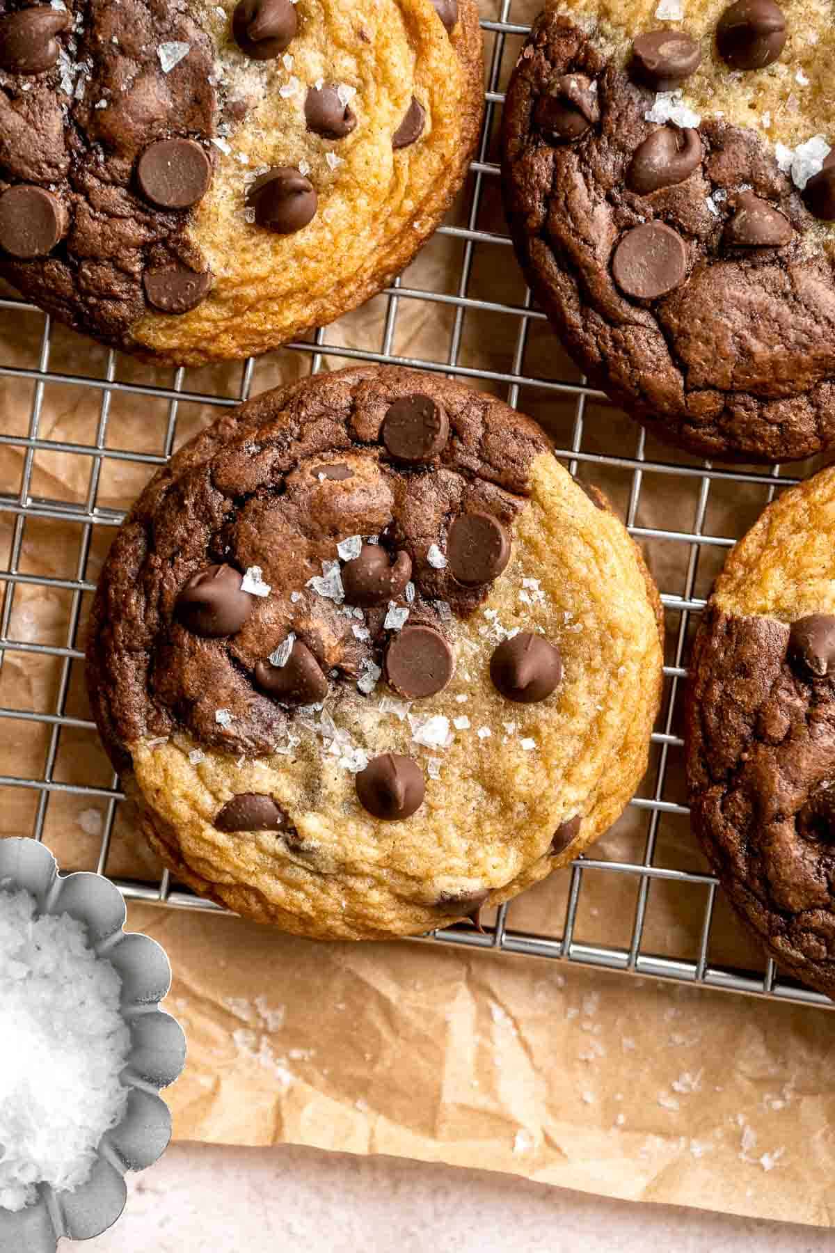 Brookies Cookies are the perfect combination of two iconic desserts — brownies and chocolate chip cookies. Quick and easy to make with no chilling! | aheadofthyme.com