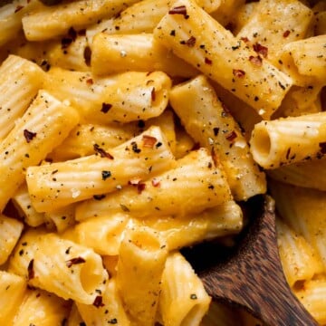 This Creamy Butternut Squash Pasta is cozy, creamy, cheesy fall comfort food. This vegetarian pasta recipe is easy to make too! | aheadofthyme.com