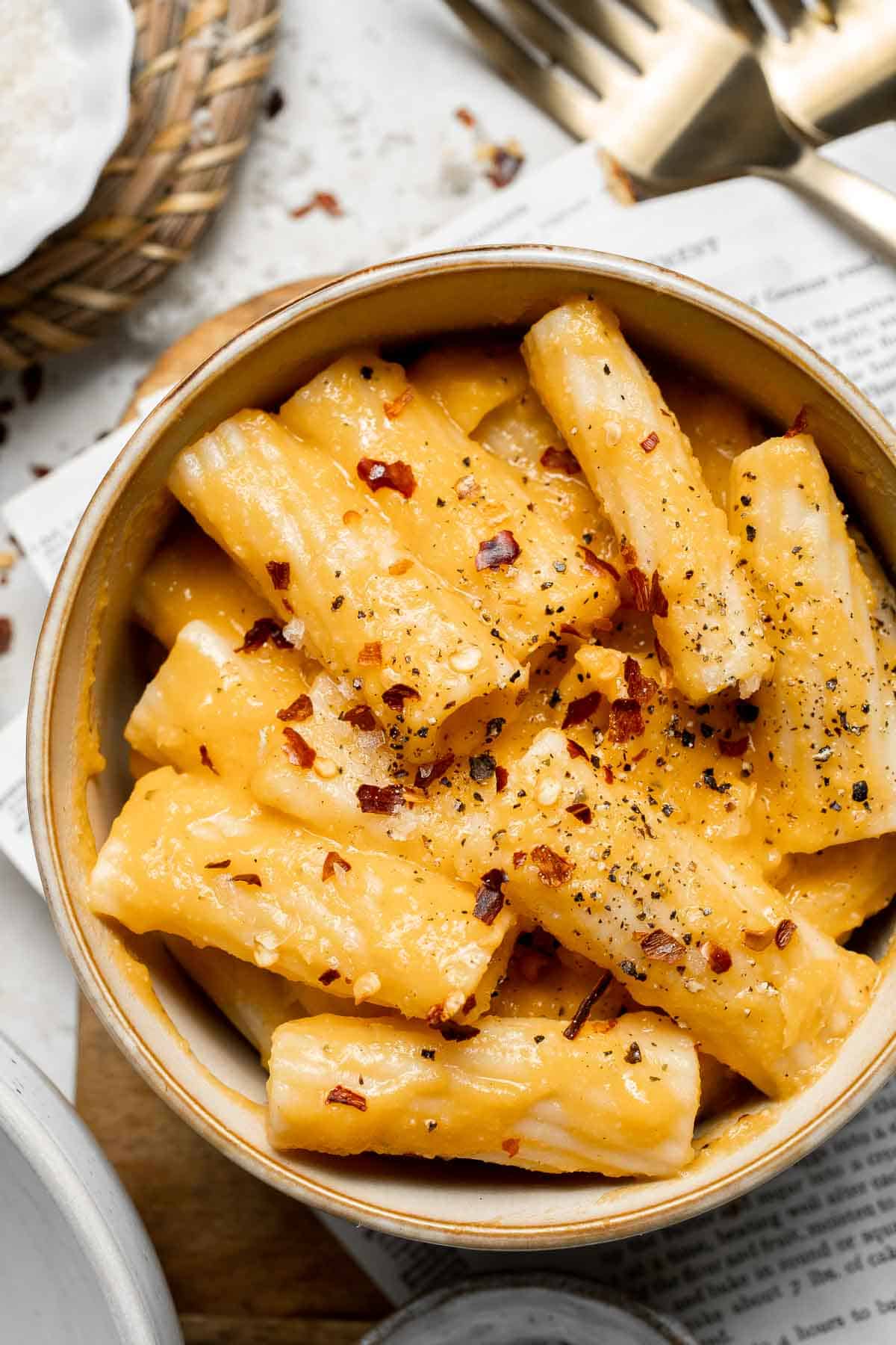 This Creamy Butternut Squash Pasta is cozy, creamy, cheesy fall comfort food. This vegetarian pasta recipe is easy to make too! | aheadofthyme.com