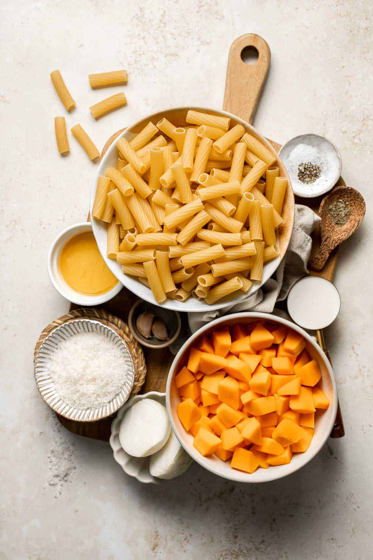 This Creamy Butternut Squash Pasta is cozy, creamy, cheesy fall comfort food. This vegetarian pasta recipe is easy to make too! | aheadofthyme.com