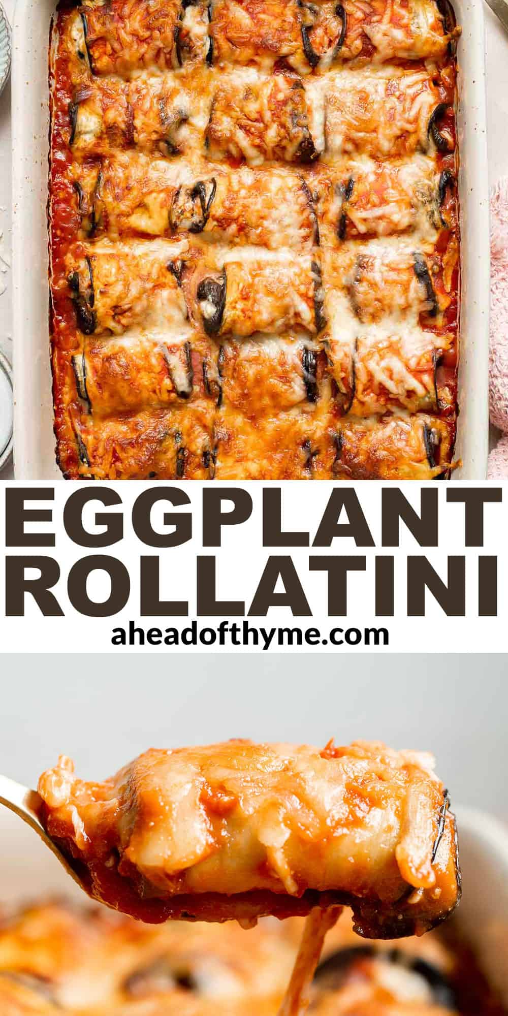 Eggplant Rollatini features roasted eggplant stuffed with creamy ricotta, baked in marinara, and topped with cheese — the best vegetarian comfort food! | aheadofthyme.com