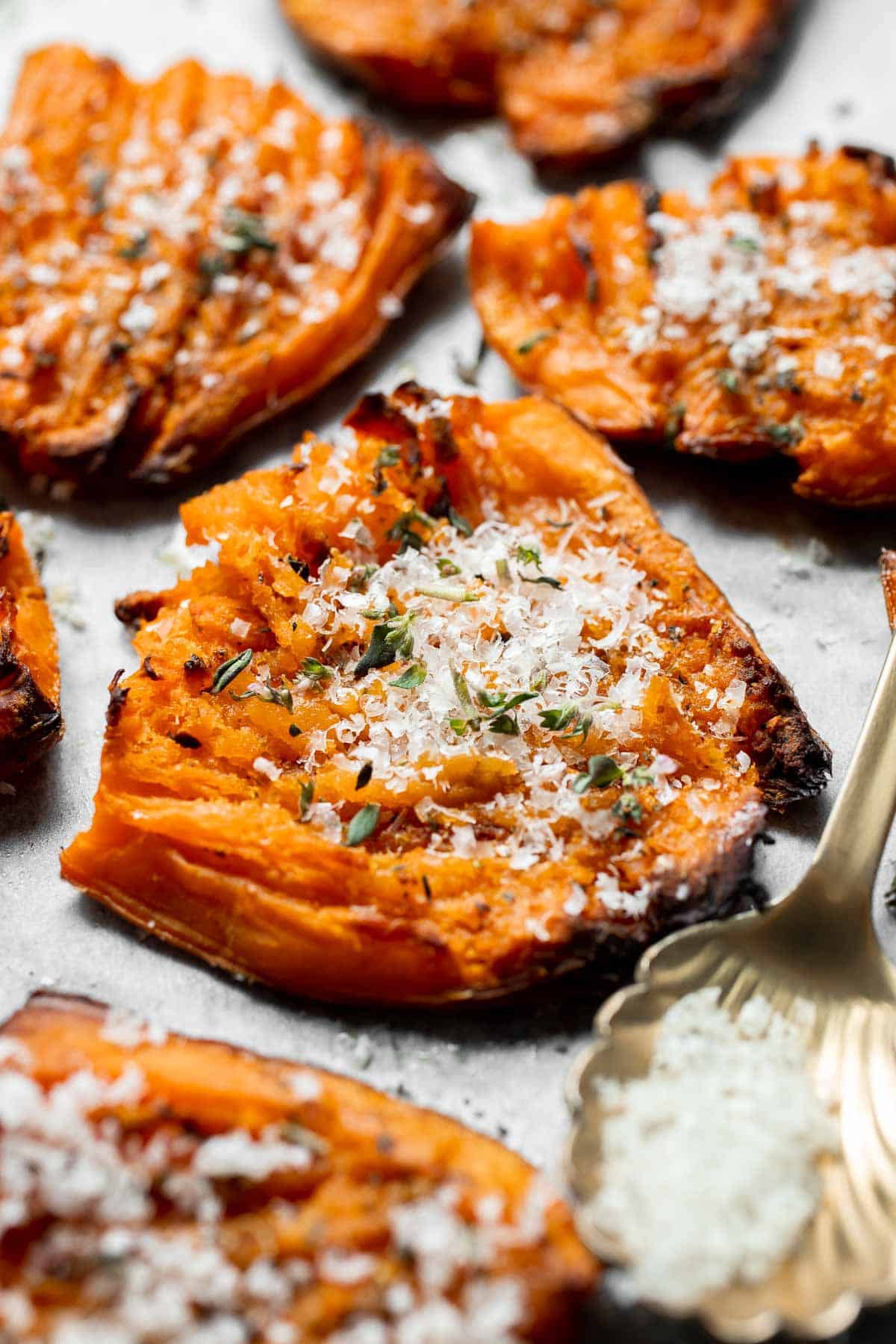 Crispy Smashed Sweet Potatoes are the perfect side dish for your fall and winter meals — sweet, savory, and so simple to make! | aheadofthyme.com