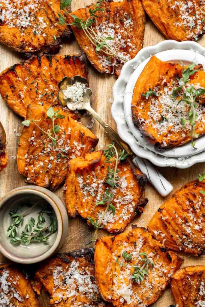 Crispy Smashed Sweet Potatoes are the perfect side dish for your fall and winter meals — sweet, savory, and so simple to make! | aheadofthyme.com