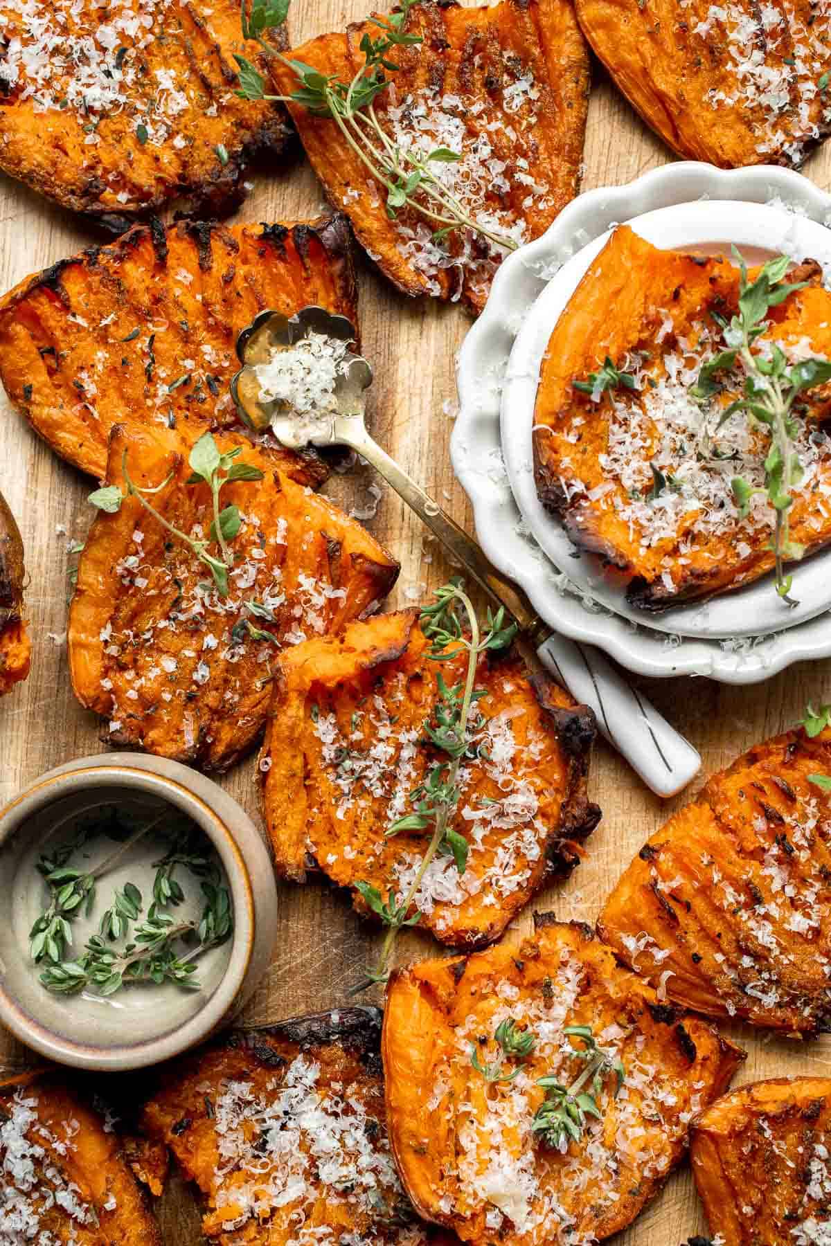 Crispy Smashed Sweet Potatoes are the perfect side dish for your fall and winter meals — sweet, savory, and so simple to make! | aheadofthyme.com