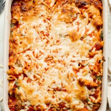 Spinach and Ricotta Pasta Bake is the ultimate cozy comfort meal, packed with creamy ricotta and tender spinach, tossed in marinara, and baked until bubbly. | aheadofthyme.com