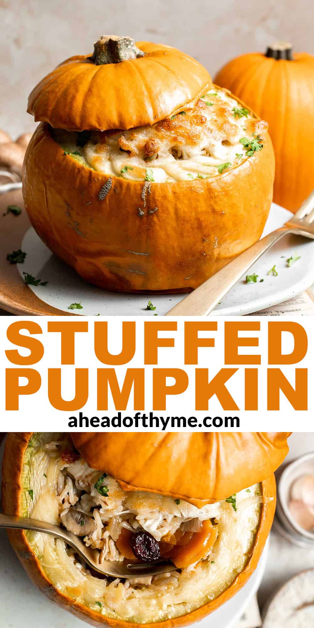 This Stuffed Pumpkin is filled with rice, veggies, and cranberries then topped with cheese and baked until tender. It's vegetarian and gluten-free too! | aheadofthyme.com