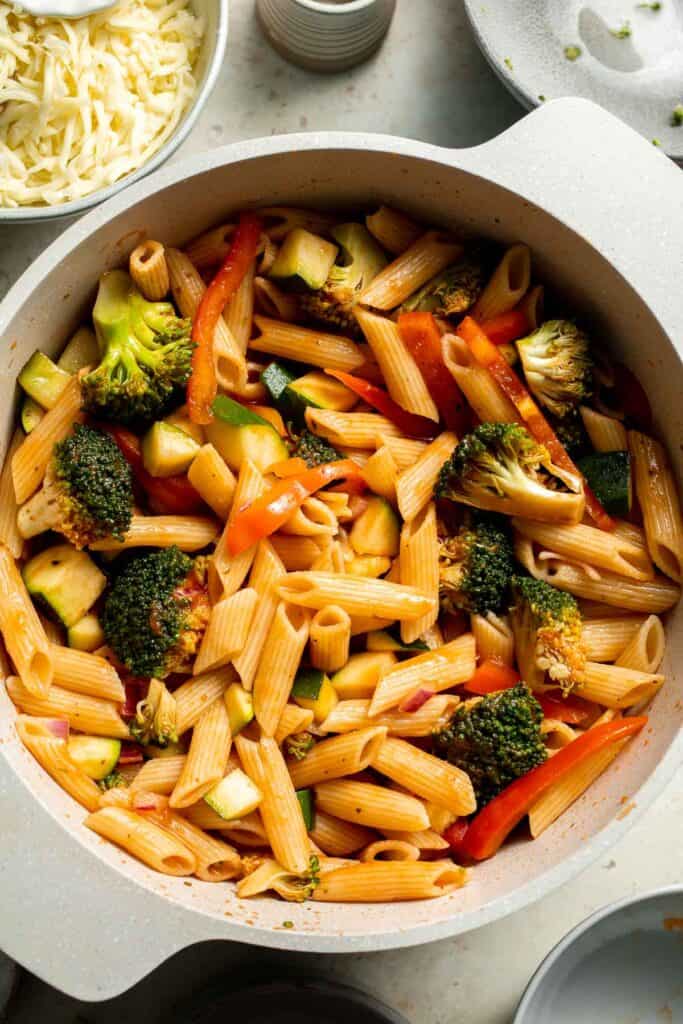 Feed the whole family on busy weeknights with this hearty Vegetable Pasta Bake that is easy to make, packed with veggies, and loaded with flavor! | aheadofthyme.com