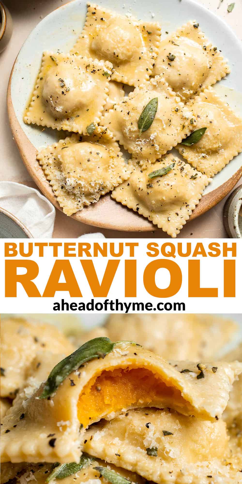 Homemade Butternut Squash Ravioli is a vegetarian dinner filled with roasted butternut squash and served with a nutty brown butter sauce with crispy sage. | aheadofthyme.com