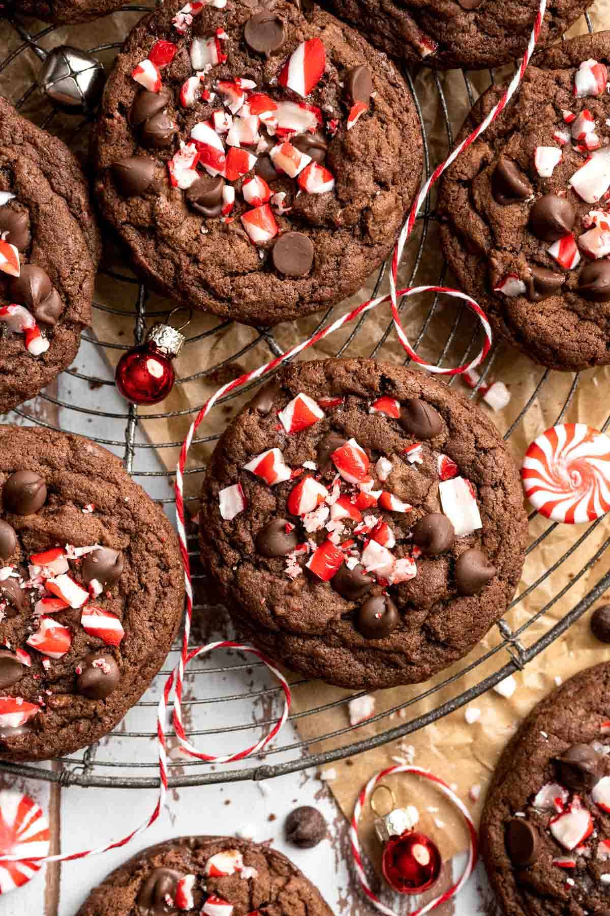 Chocolate Peppermint Cookies combines rich, fudgy chocolate with the minty flavor candy canes in a festive, chewy treat. Plus, no dough chilling required! | aheadofthyme.com
