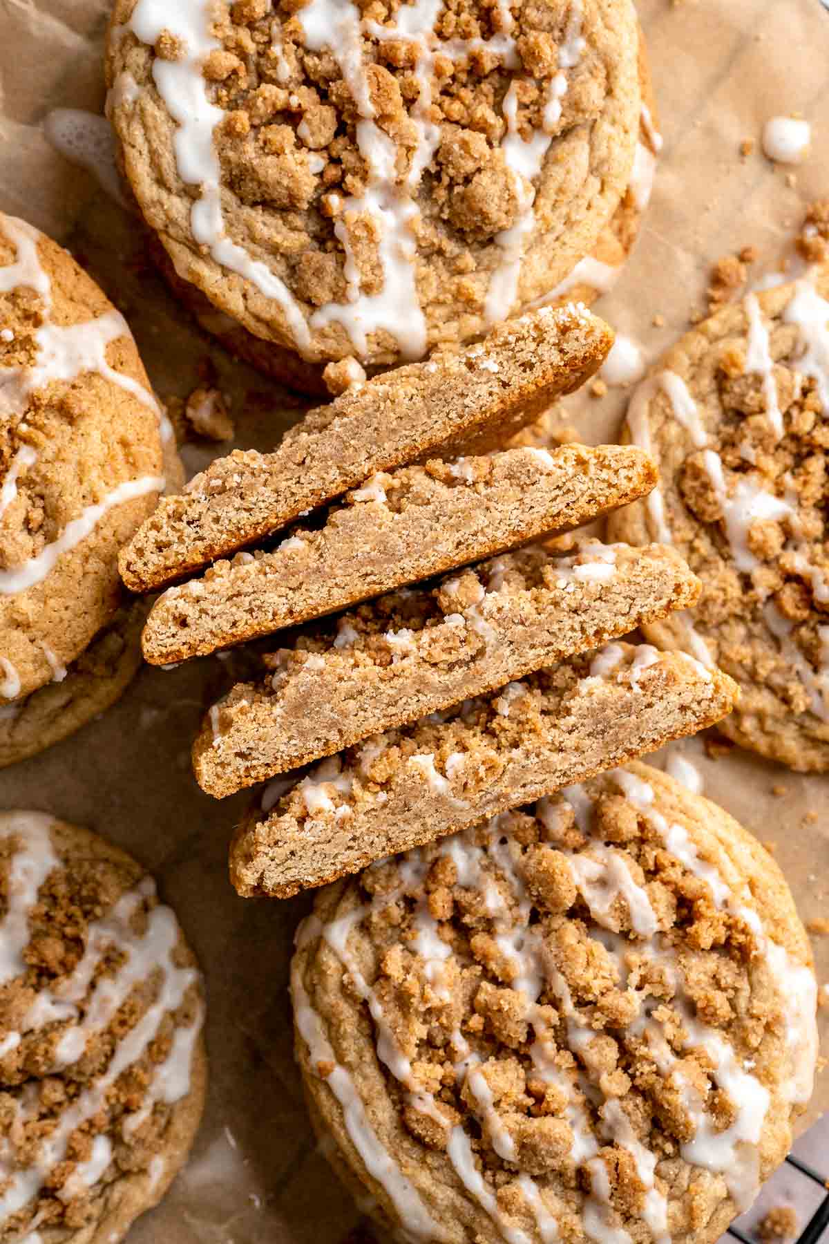 Coffee Cake Cookies combine a soft, cinnamon cookie base with a crumbly streusel topping and a drizzle of sweet glaze. A classic dessert in cookie form! | aheadofthyme.com