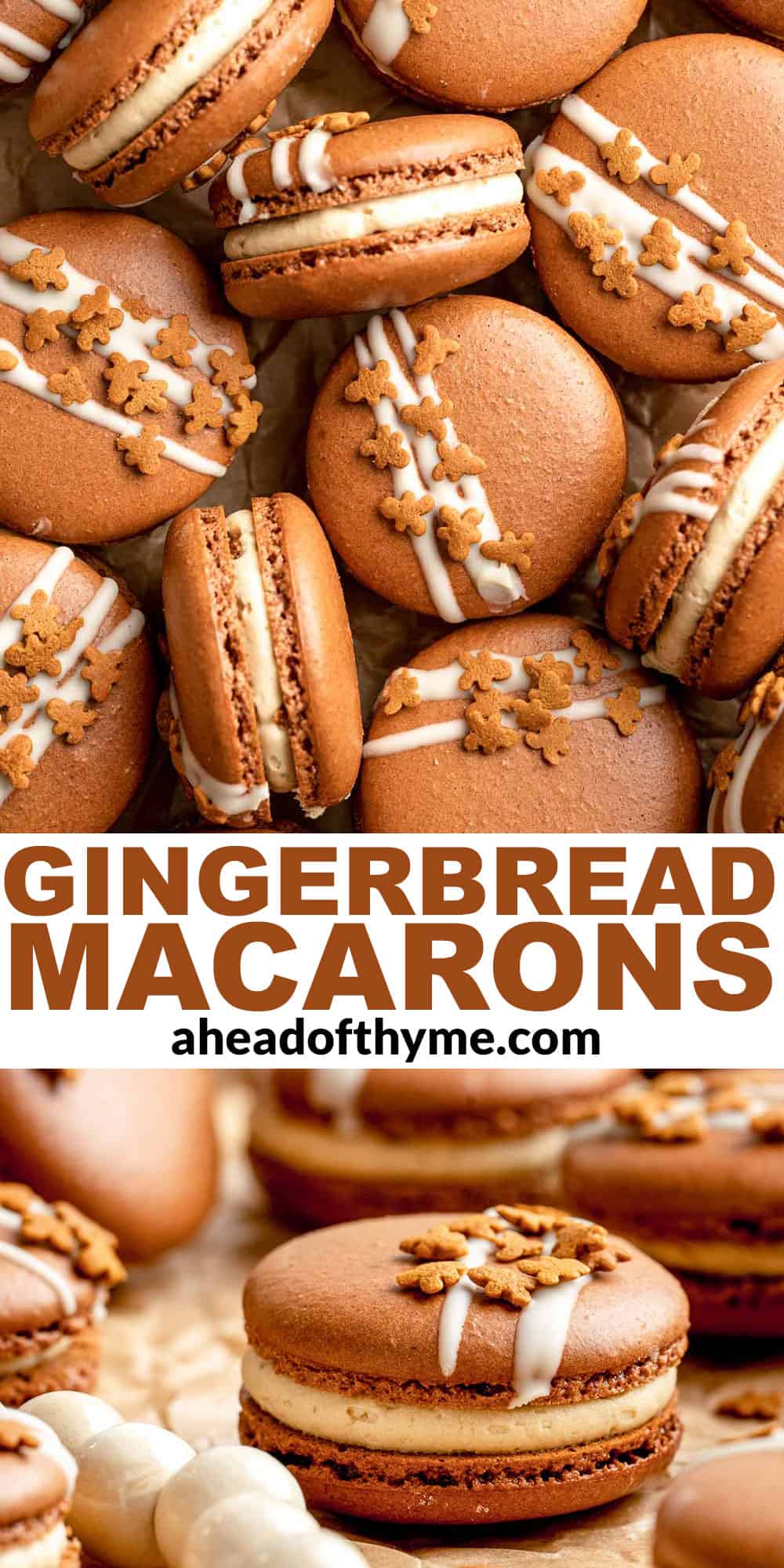 Gingerbread Macarons with spiced gingerbread shells, molasses buttercream, and white chocolate and cookie topping are a festive bite-sized treat. | aheadofthyme.com