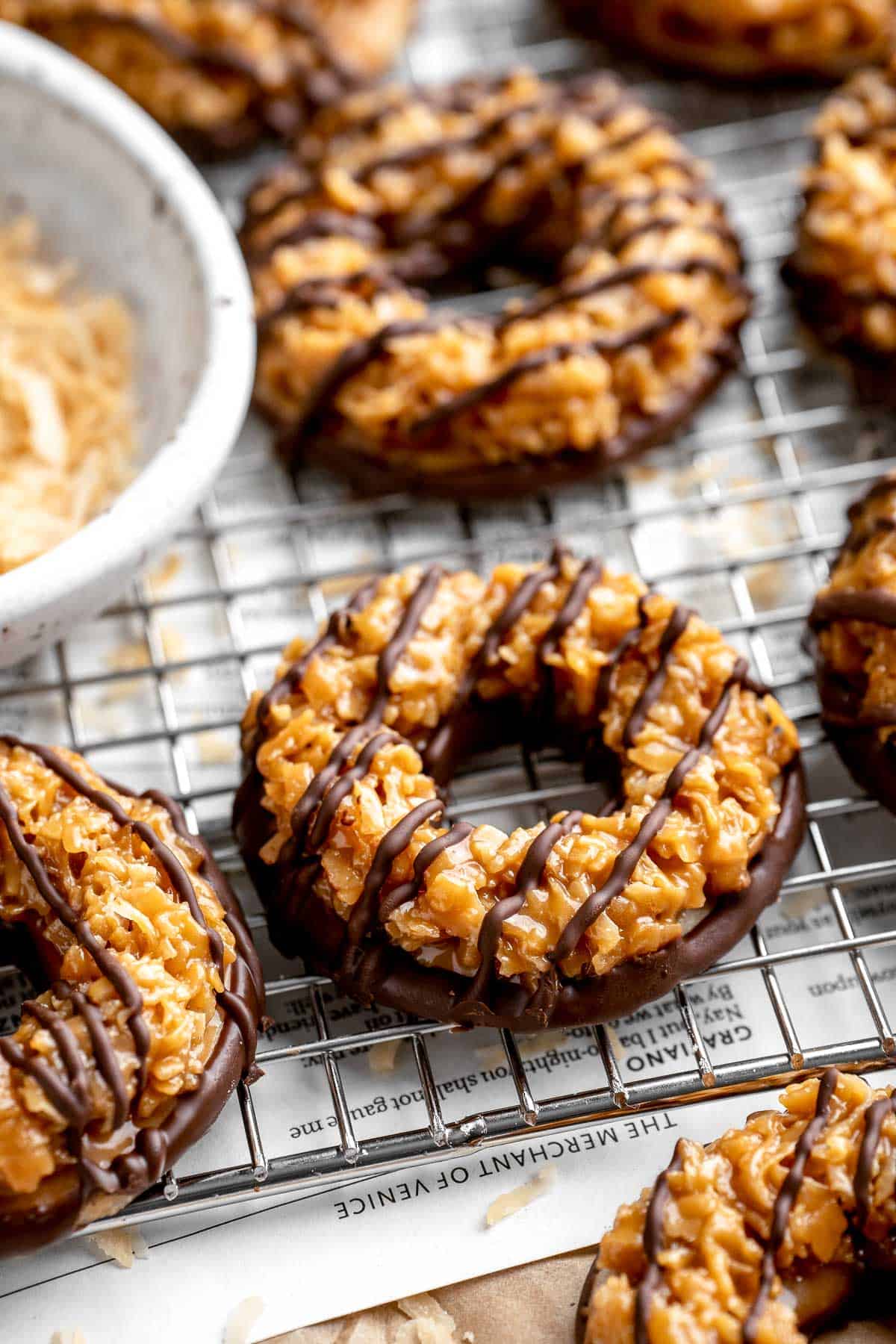 Homemade Samoas Cookies (copycat Girl Scout cookies) have a buttery shortbread base, gooey coconut caramel topping, and melted chocolate drizzle. | aheadofthyme.com
