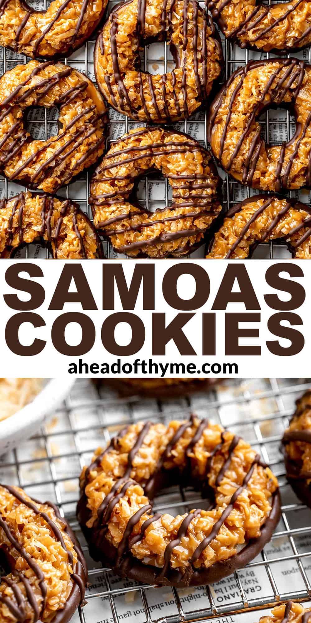 Homemade Samoas Cookies (copycat Girl Scout cookies) have a buttery shortbread base, gooey coconut caramel topping, and melted chocolate drizzle. | aheadofthyme.com