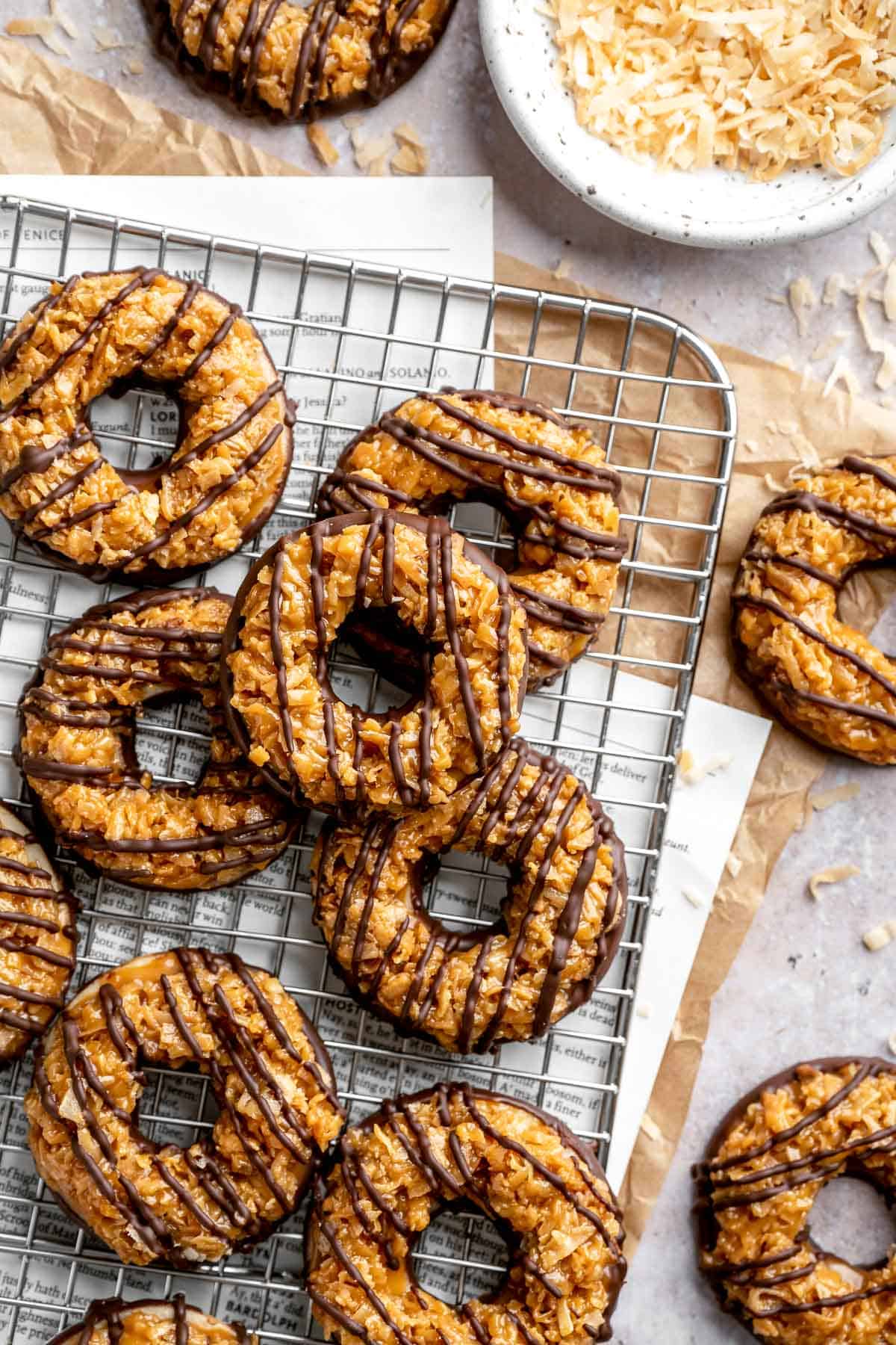 Homemade Samoas Cookies (copycat Girl Scout cookies) have a buttery shortbread base, gooey coconut caramel topping, and melted chocolate drizzle. | aheadofthyme.com